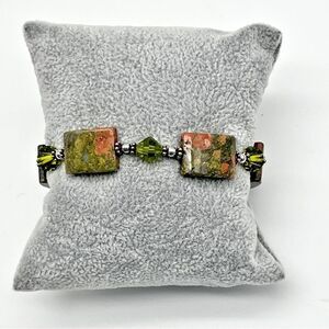Natural Stone Unakite Green Swarovski Crystal Silver Tone Statement Bracelet 7”